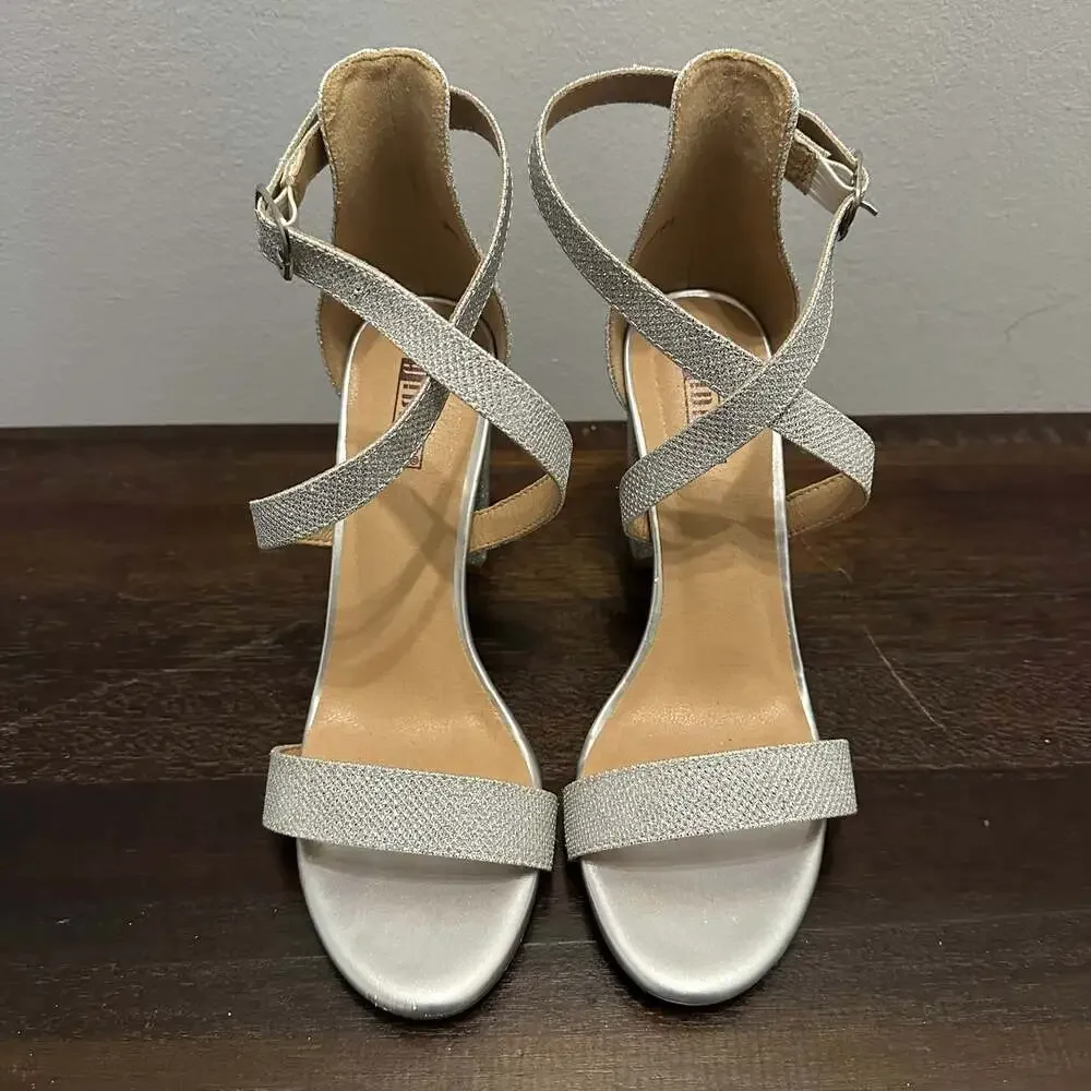 IDIFU Grace Strappy Block Heels Sandals Open Toe Cross Strap Glitter Silver US8
